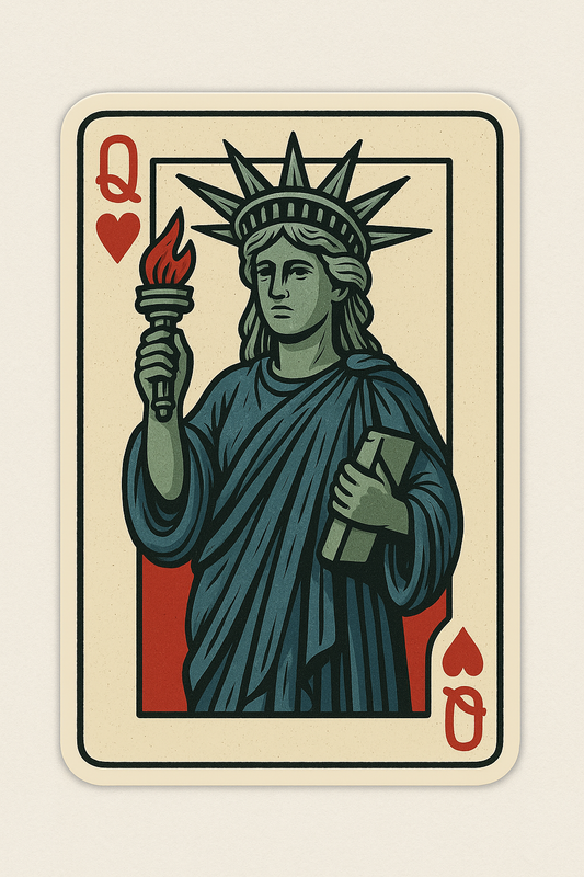 STATUE OF LIBERTY ON QUEEN OF HEARTS PLAYING CARD STICKER
